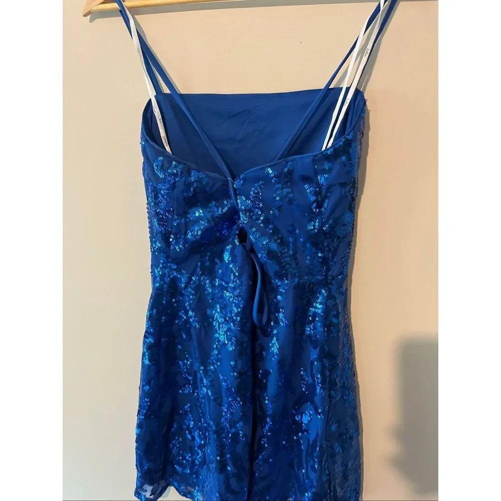 LULUS NWT Royal Blue Sequin Lace Up Back Mini Dress Size M Sparkly Bodycon Homec